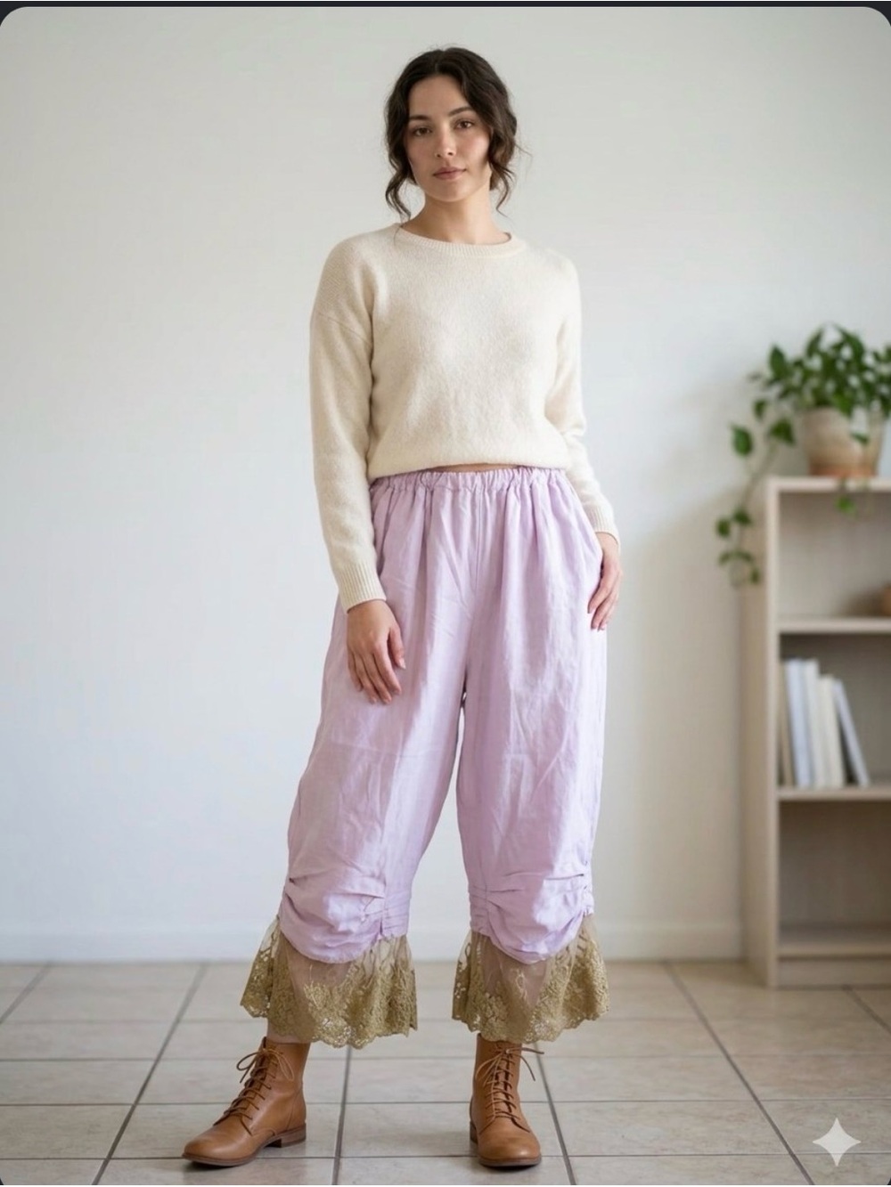 Light Pink Lace-Hem ballon palazzo pants with Gold Trim lace